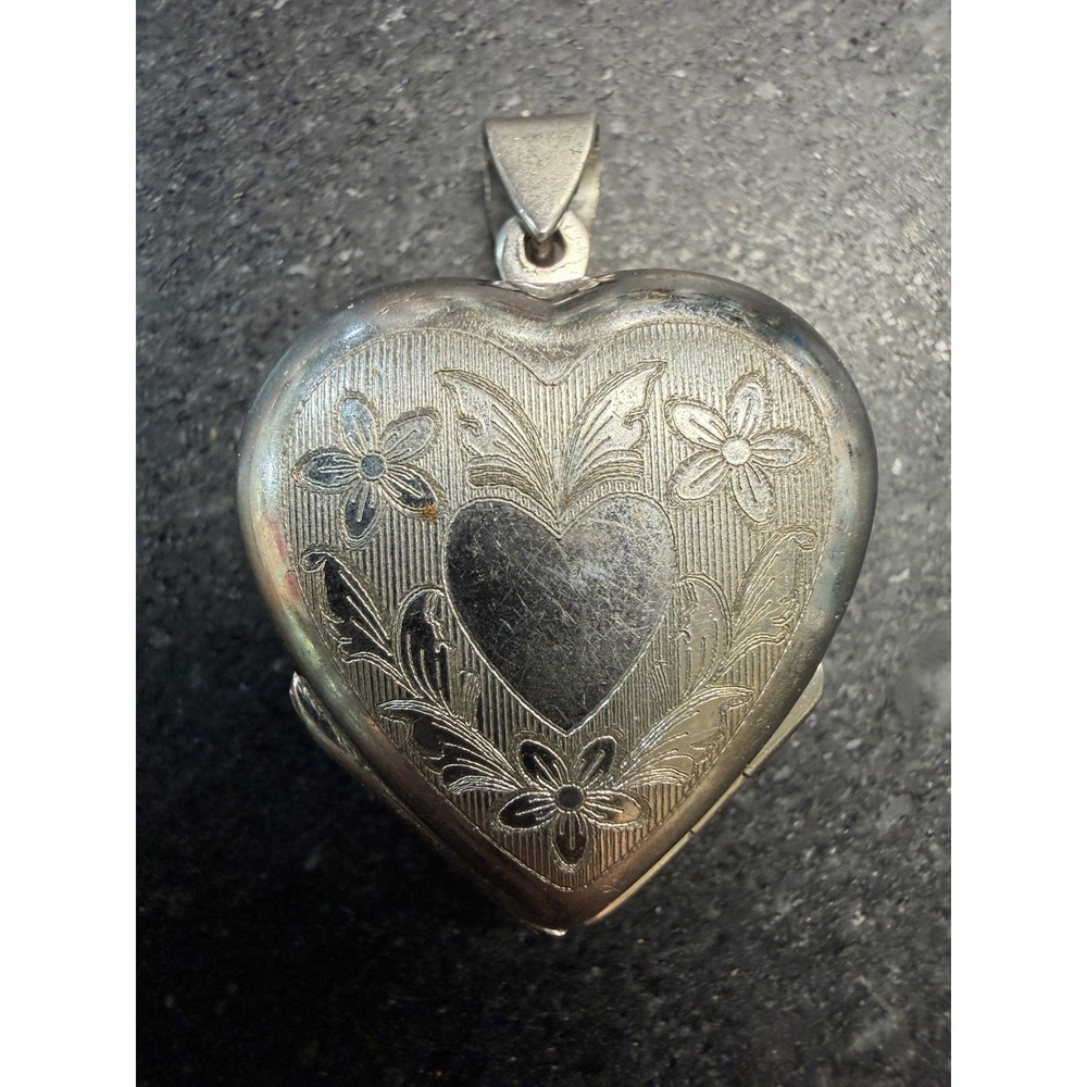 Vtg Sterling Silver 925 4 Way Photo Heart Locket Pendant Floral Engraved 1"